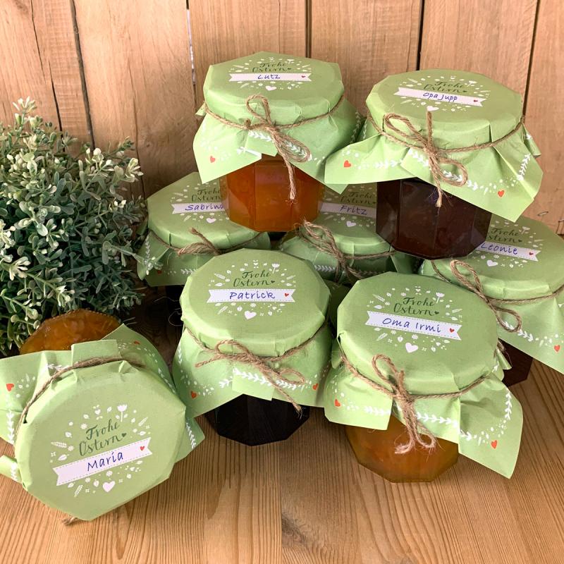 Marmeladendeckchen für Ostern in Grün Weiß im retro Leinen Design